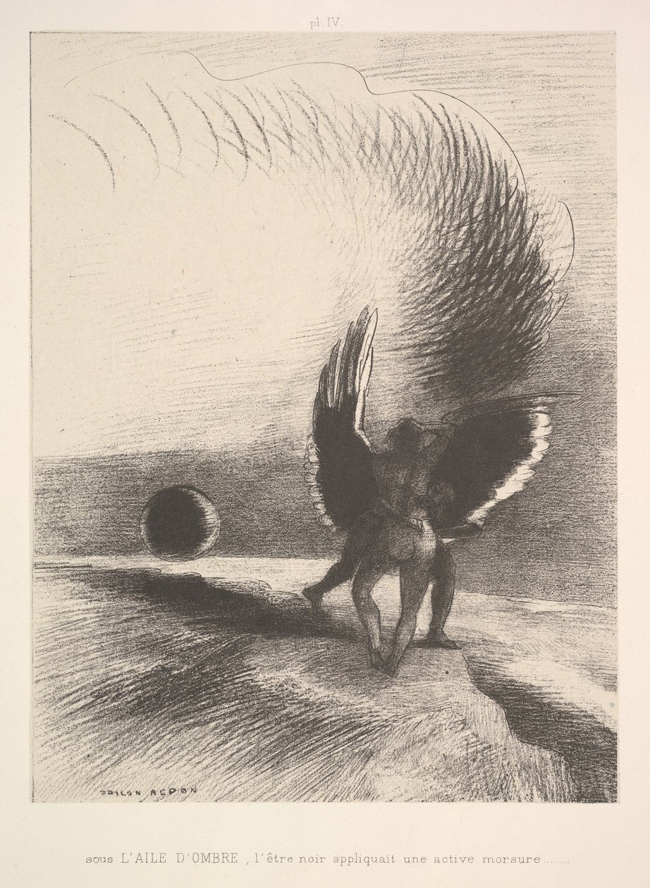 I skuggan av vingen bet den svarta varelsen, 1891. av Odilon Redon