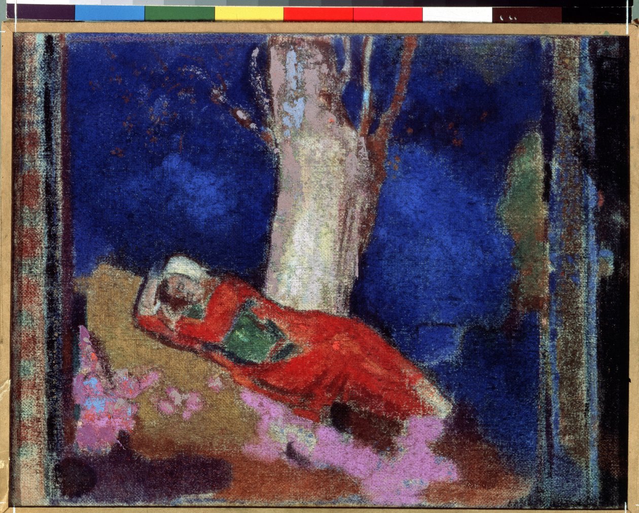 ""Ung kvinna som ligger under ett träd"" (En kvinna som ligger under ett träd) Målning av Odilon Redon (1840-1916) 1900-1901 Gouache och tempera. Nabis. Eremitagemuseet, Sankt Petersburg (Saint-Petersburg) av Odilon Redon
