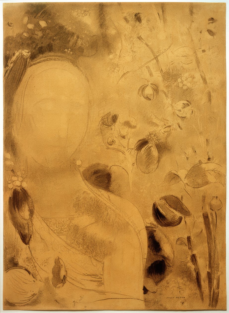 Drömmen, blommor och ansikte av Odilon Redon