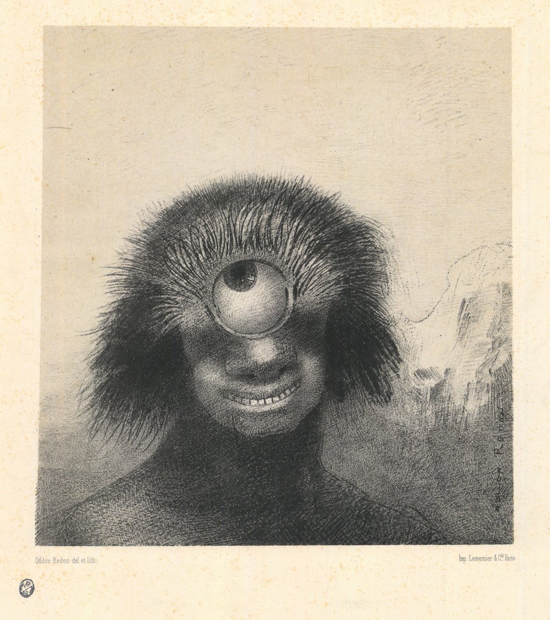 Den missformade polypen flöt på stränderna, en sorts leende och avskyvärda kykloper. Från serien Les Origines av Redon, Odilon (1840-1916). Litografi, storlek: 21,4x19,9 av Odilon Redon