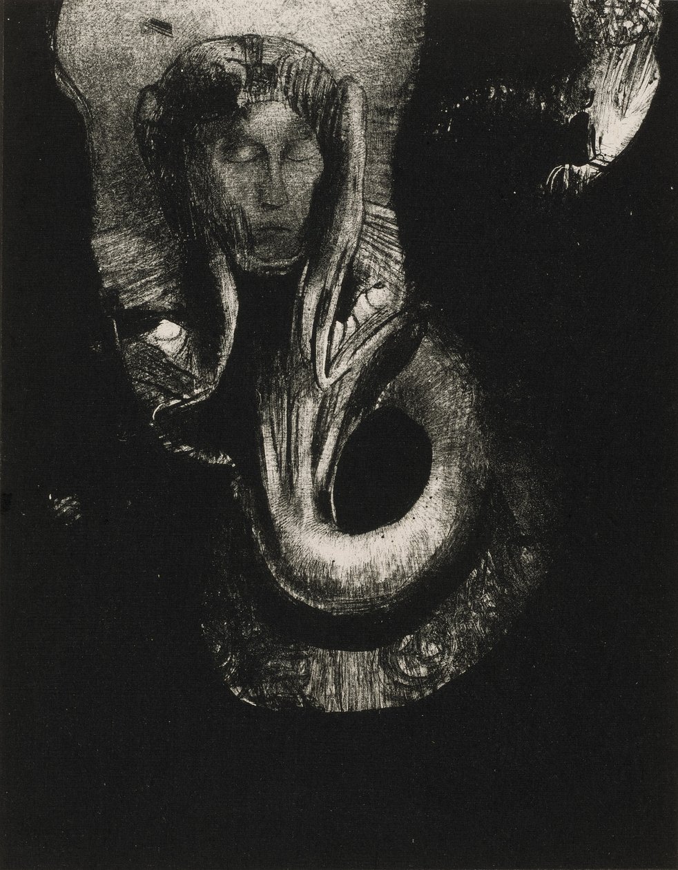 Oannes: "Jag, det första medvetandet i kaos, reste mig från avgrunden för att härda materia, för att bestämma former," plattan 14 från The Temptation of Saint Anthony (3:e serien) av Odilon Redon