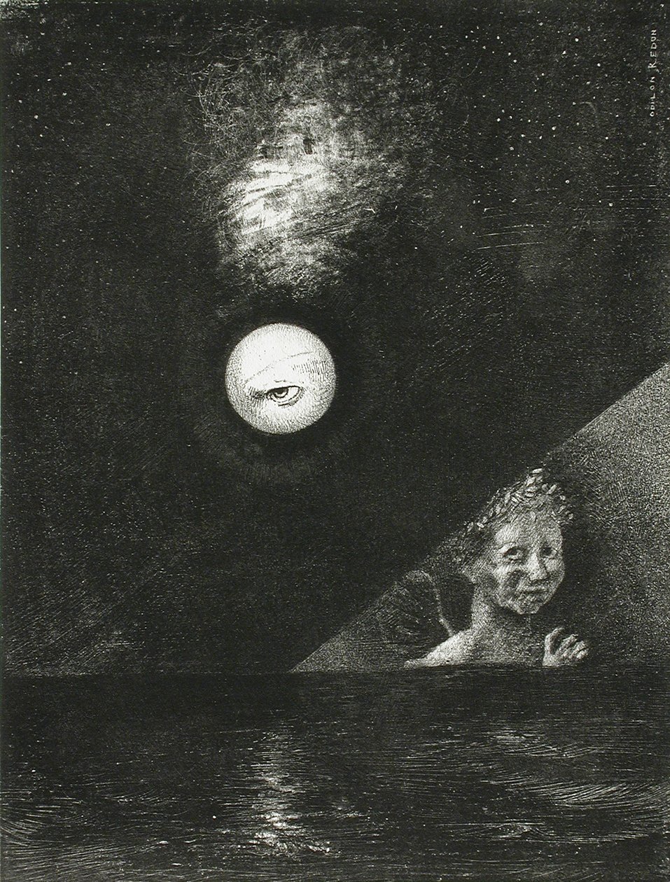 På horisonten, visshetens ängel, och på den mörka himlen, en frågande blick. Serie: För Edgar av Odilon Redon
