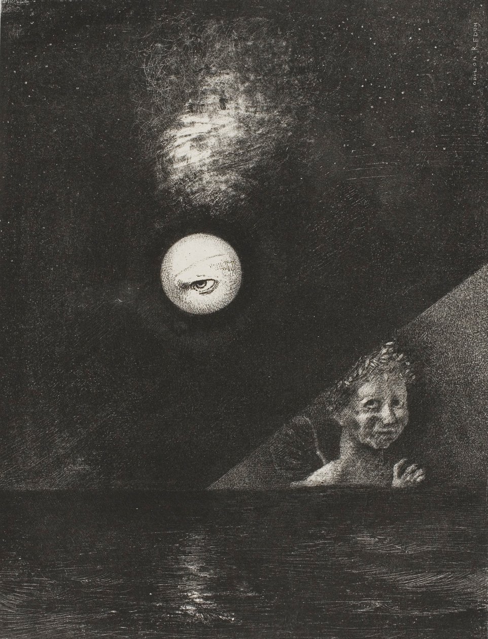 På horisonten en ängel av visshet och i den dystra himlen ett frågande öga, plansch fyra ur To Edgar Poe av Odilon Redon