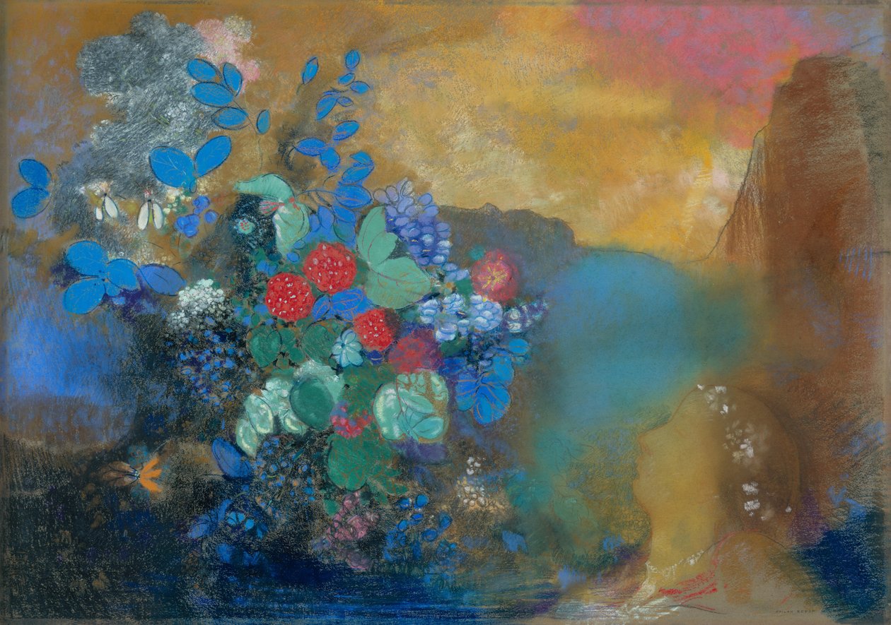 Ophelia bland blommorna, ca 1905-8 (pastell på papper) av Odilon Redon
