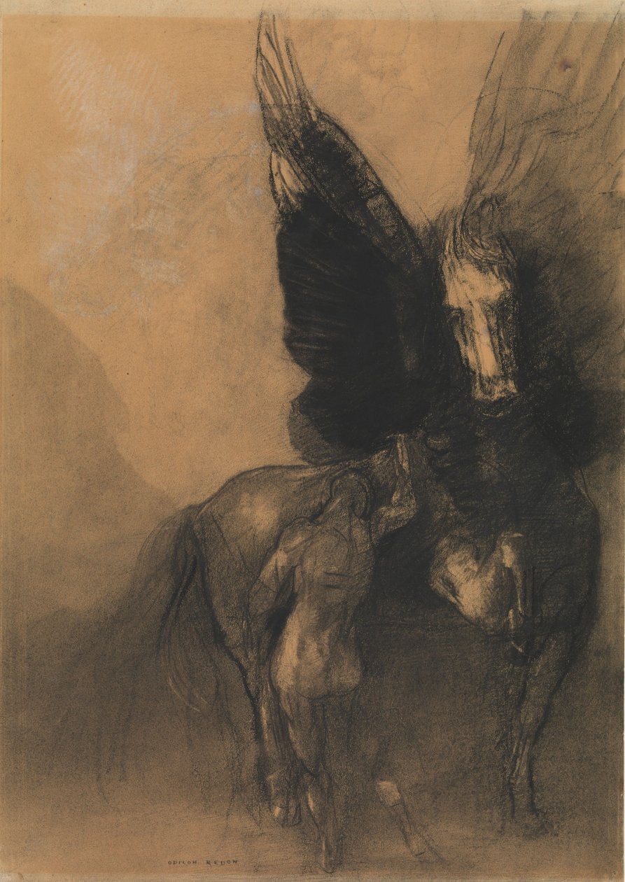 Pegasus och Bellerophon, ca 1888 (Charcoal, water wash, vit krita och conté crayon på buff papier bleuté) av Odilon Redon