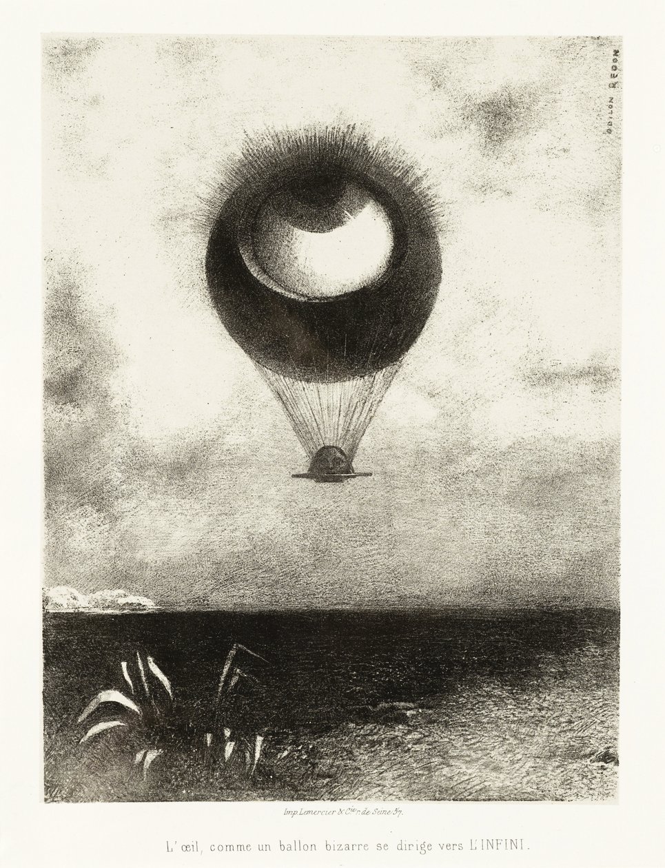 Illustrationsserie för Edgar Poe: "The Eye, Like a Strange Balloon, Mounts toward Infinity" Litografi av Odilon Redon (1840-1916) av Odilon Redon