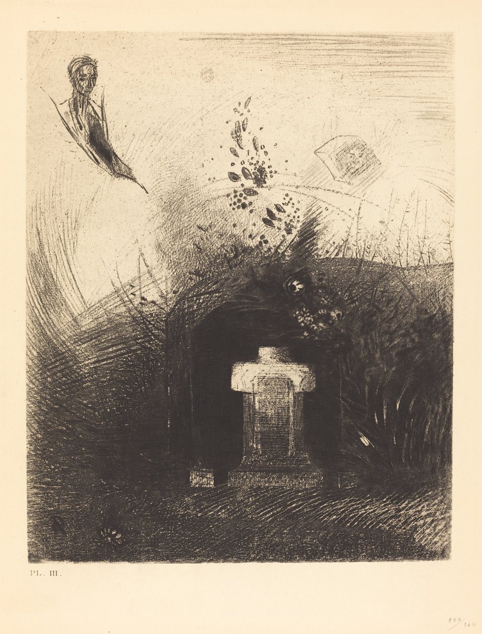 Om en nära mörk natt en god kristen, av välgörenhet, bakom någon gammal ruin, begraver din välvda kropp av Odilon Redon