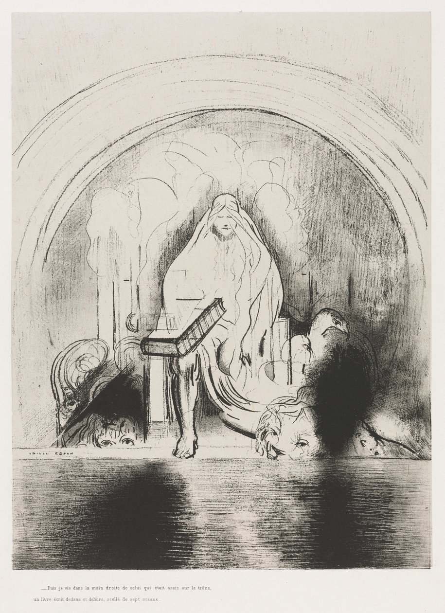 The Apocalypse of Saint John: Och jag såg i höger hand av honom som satt på tronen..., 1899. av Odilon Redon
