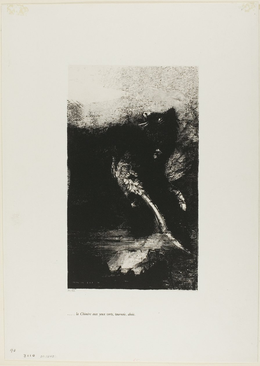 The Chimera with Green eyes Turns, Bays, tallrik 7 från The Temptation of Saint Anthony (1:a serien) av Odilon Redon