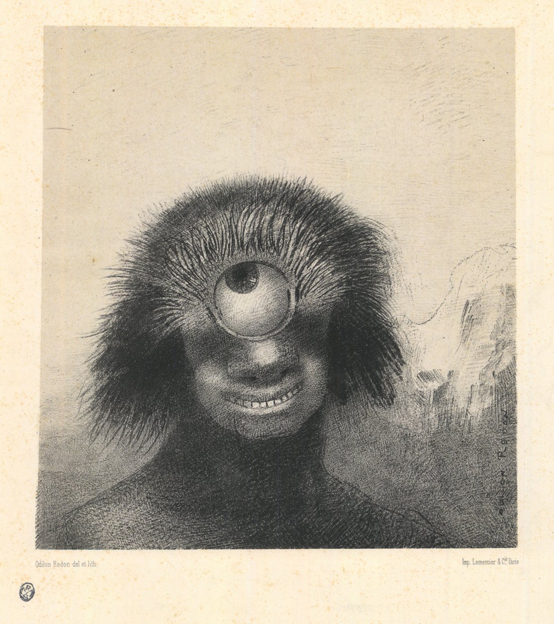 The Misshapen Polyp Floated on the Shores, en sorts leende och ohyggliga kyklop, från serien "Les Origines" av Odilon Redon