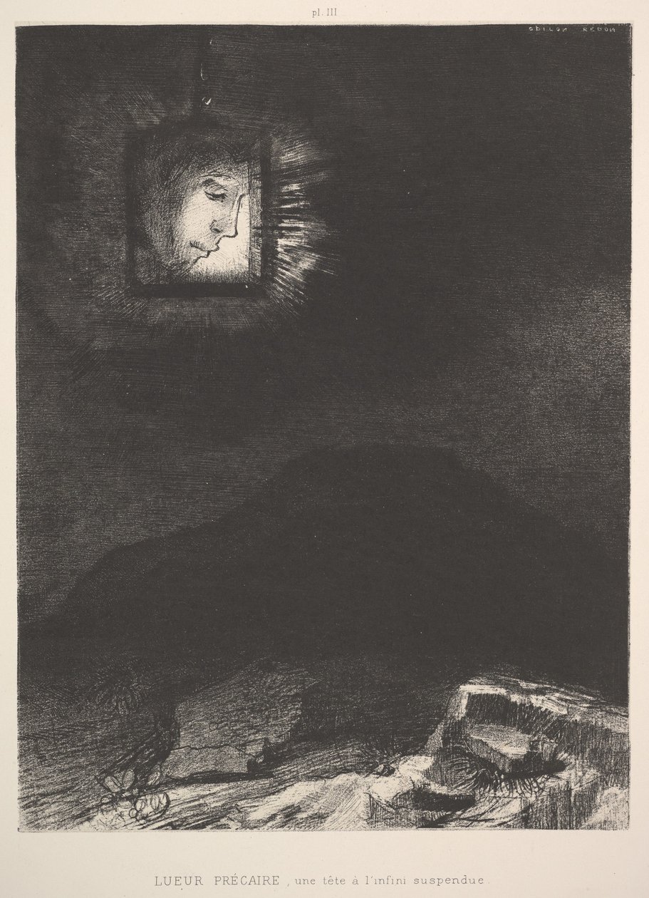 Den vaga glimten av ett huvud upphängt i rymden, 1891. av Odilon Redon