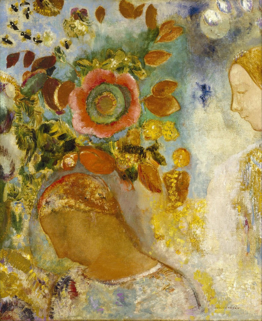 Två unga flickor bland blommor av Odilon Redon