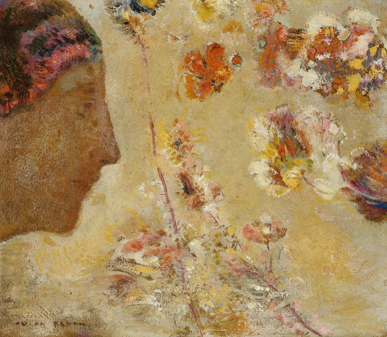 Kvinna i profil med fjäril och blommor; Kvinna i profil med fjäril och blommor, av Odilon Redon