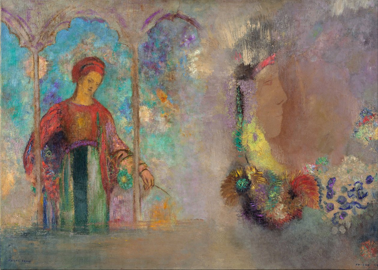 Kvinna i en gotisk arkad - Kvinna med blommor - Peinture de Odilon Redon (1840-1916) av Odilon Redon