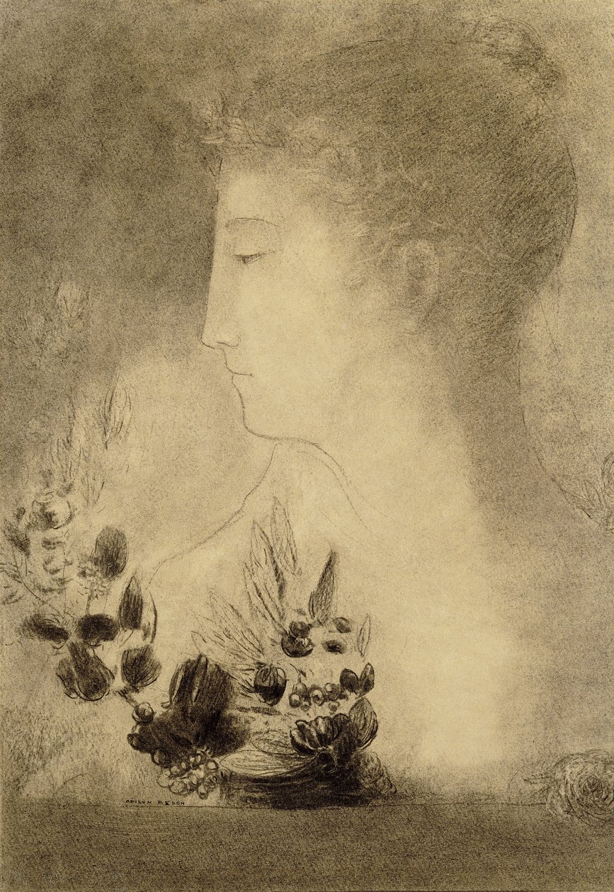 Kvinna i profil med en lagerkrans; Profil av kvinna med lagerkrans, av Odilon Redon