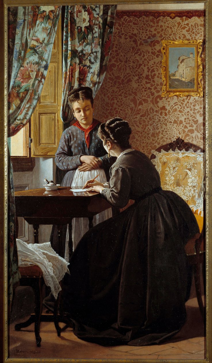 Analfabeten eller kvinnan som skriver ett brev till sin piga Målning av Odoardo Borrani (1834-1905) 1869 Privat samling av Odoardo Borrani