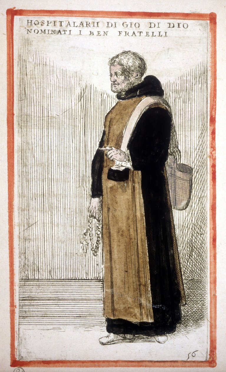 Religiös ordning: sjukhusbröderna till Saint John of God. 1500-talsgravyr. Enligt O. Fialetti. av Odoardo Fialetti