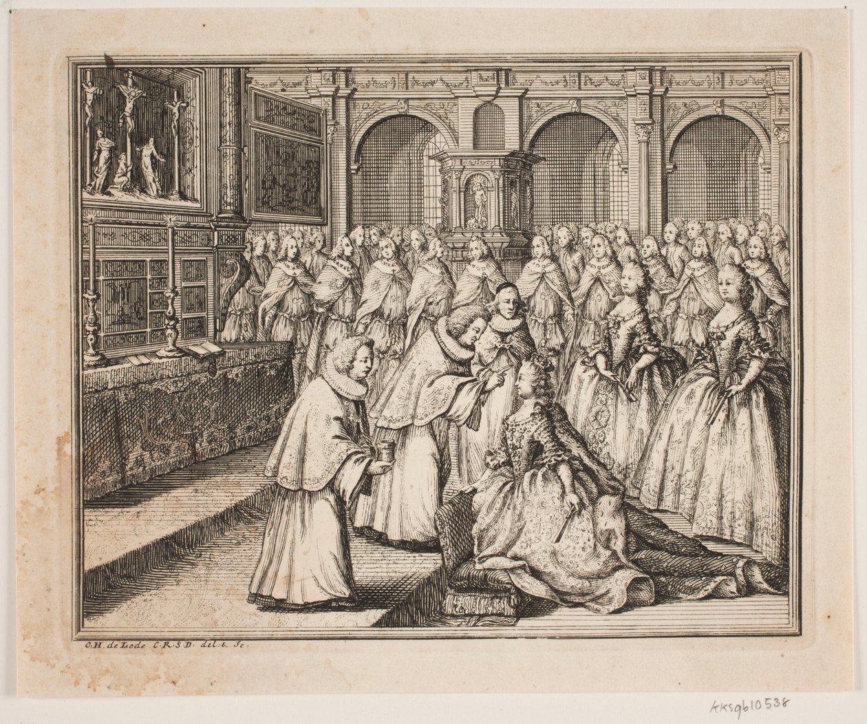 Biskop Hersleb smörjer drottning Louise i Frederiksborgs slottskyrka. Illustration till Frederik d. IV:s smörjelseakt av Odvardt Helmoldt de Lode