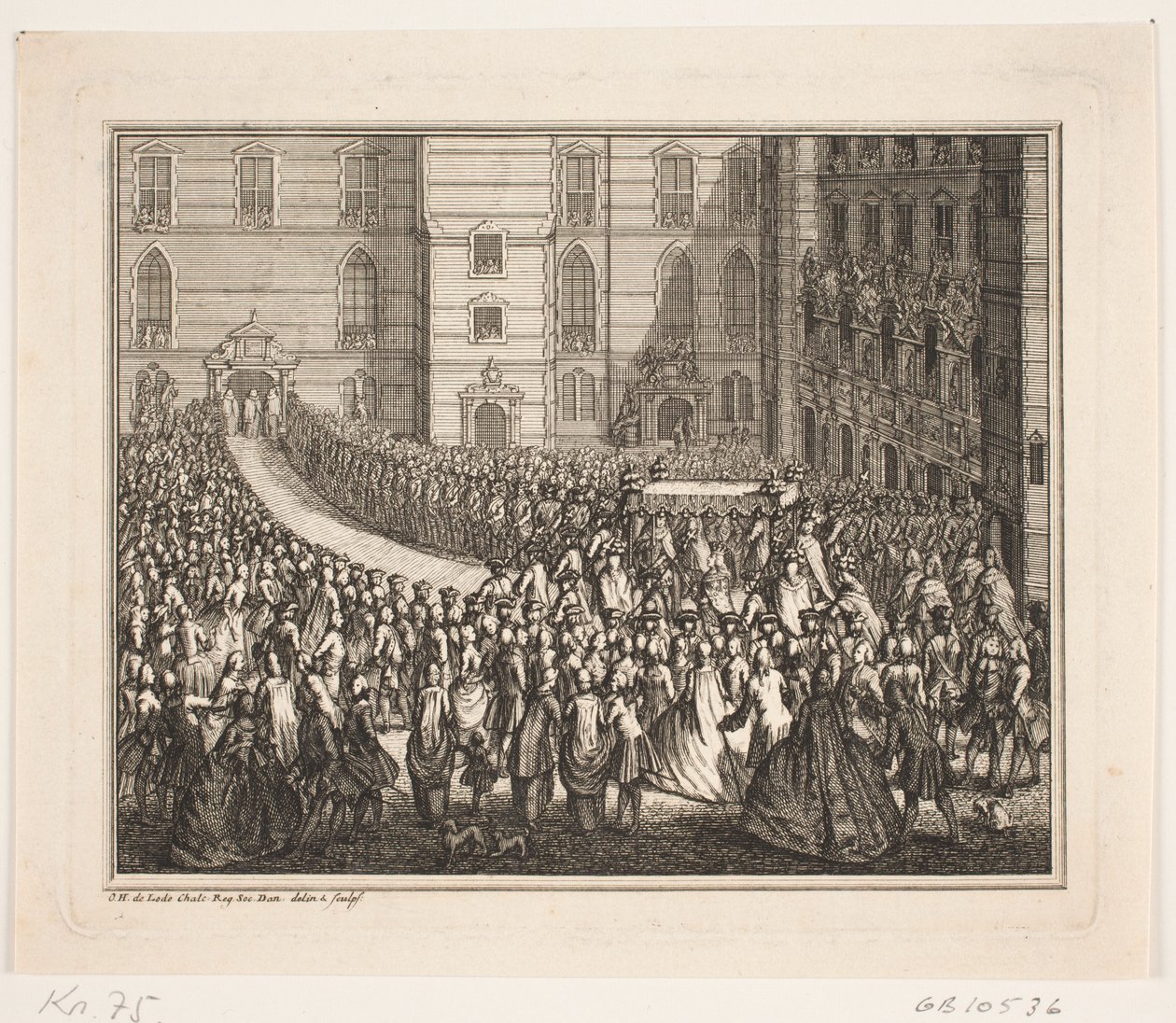 Kung Frederik V i procession för smörjelseceremonin i Frederiksborgs slottskyrka. Illustration till Frederik d. IV:s smörjelseakt av Odvardt Helmoldt de Lode