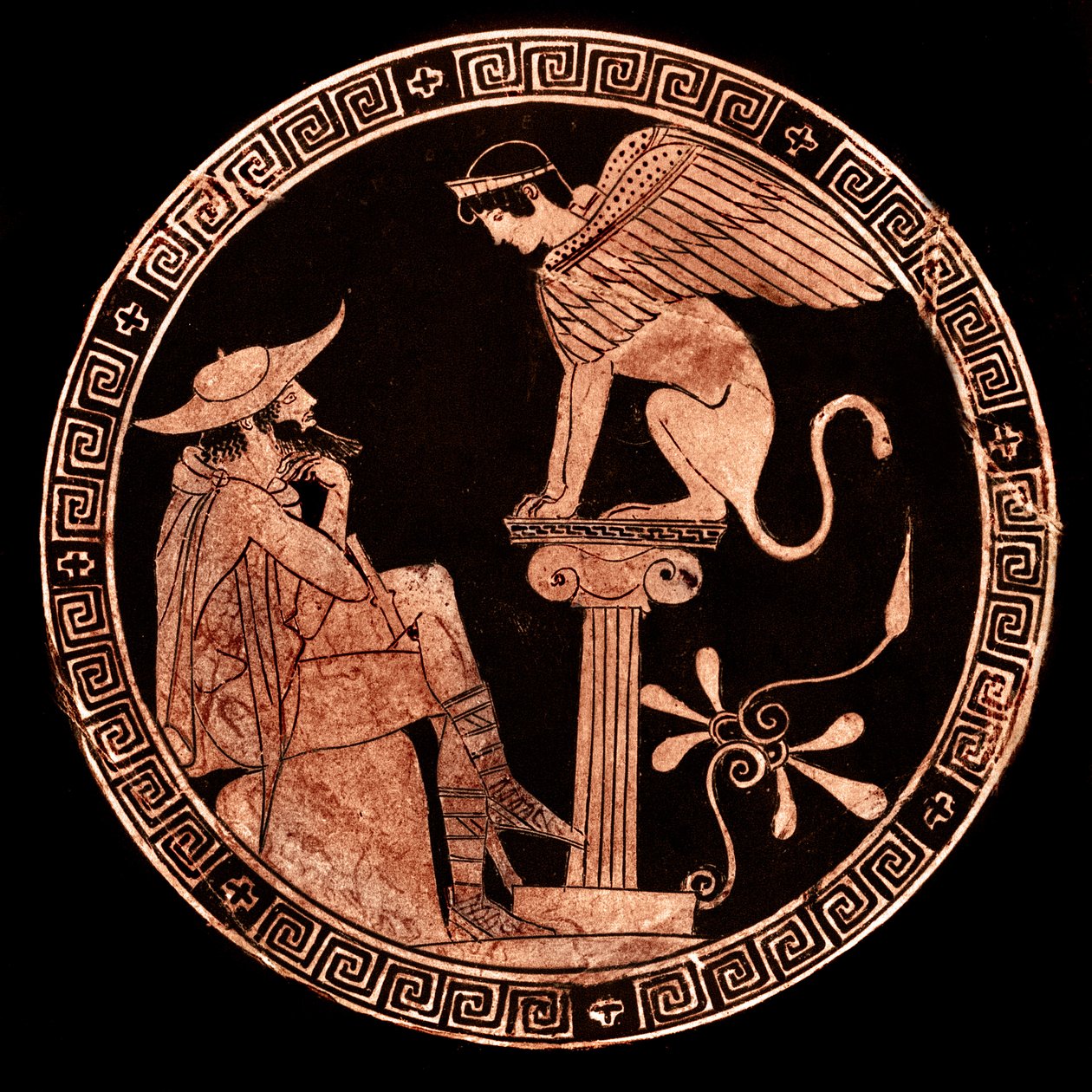 Röd figur Attic kylix föreställande Oidipus och sfinxen, Vulci, c.470 f.Kr. (keramik) av Oedipus Painter (attr. to)