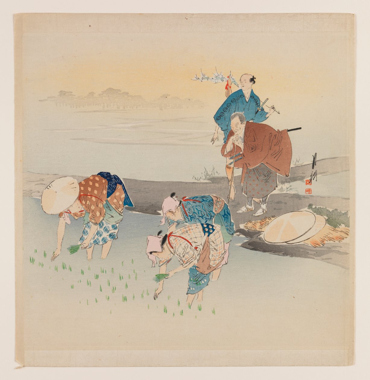Man och kvinna som planterar ris, ca 1890-1910 (träblock i färg) av Ogata Gekko