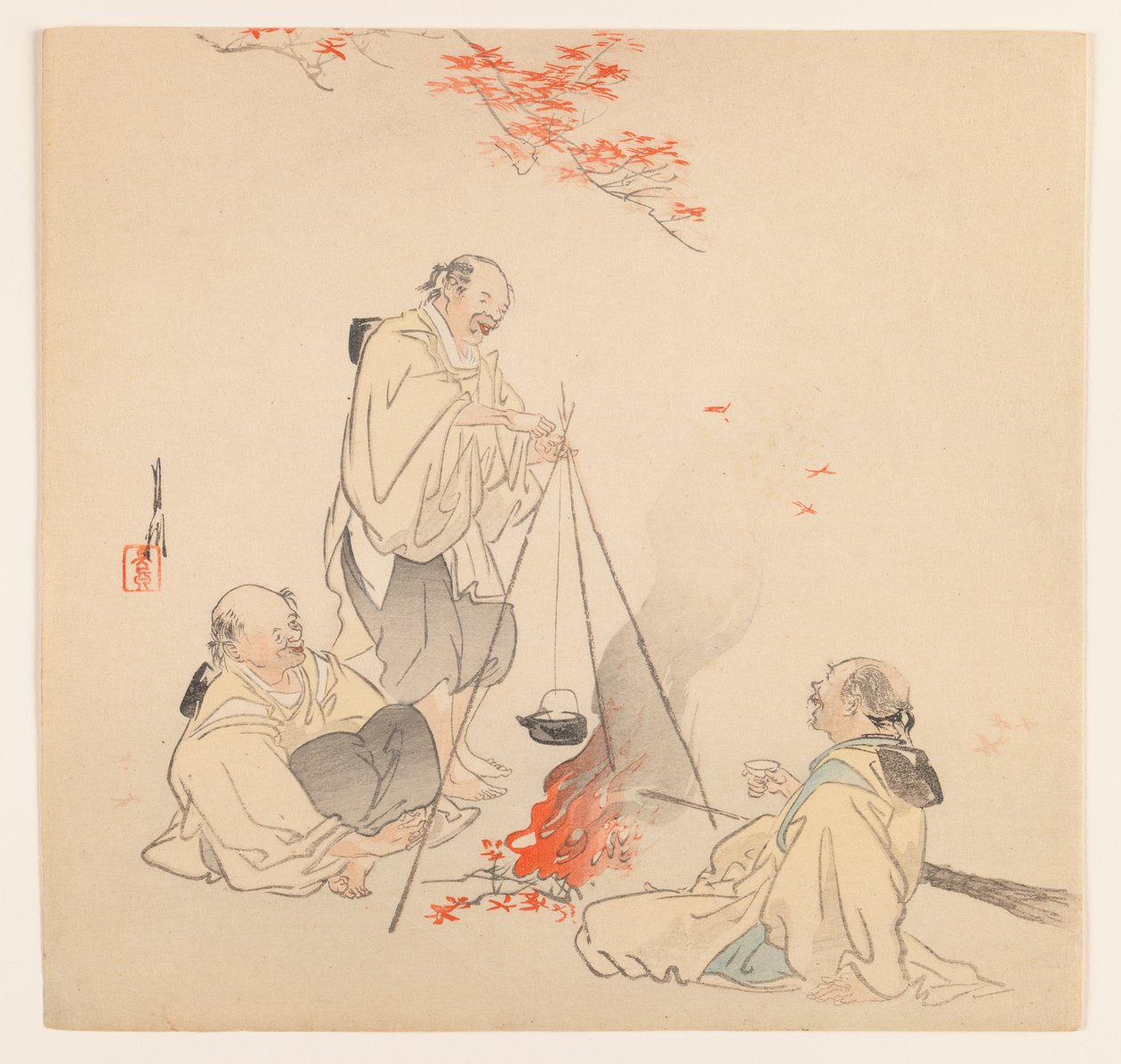 Men by Fire in Autumn, ca 1890-1910 (träblock i färg) av Ogata Gekko