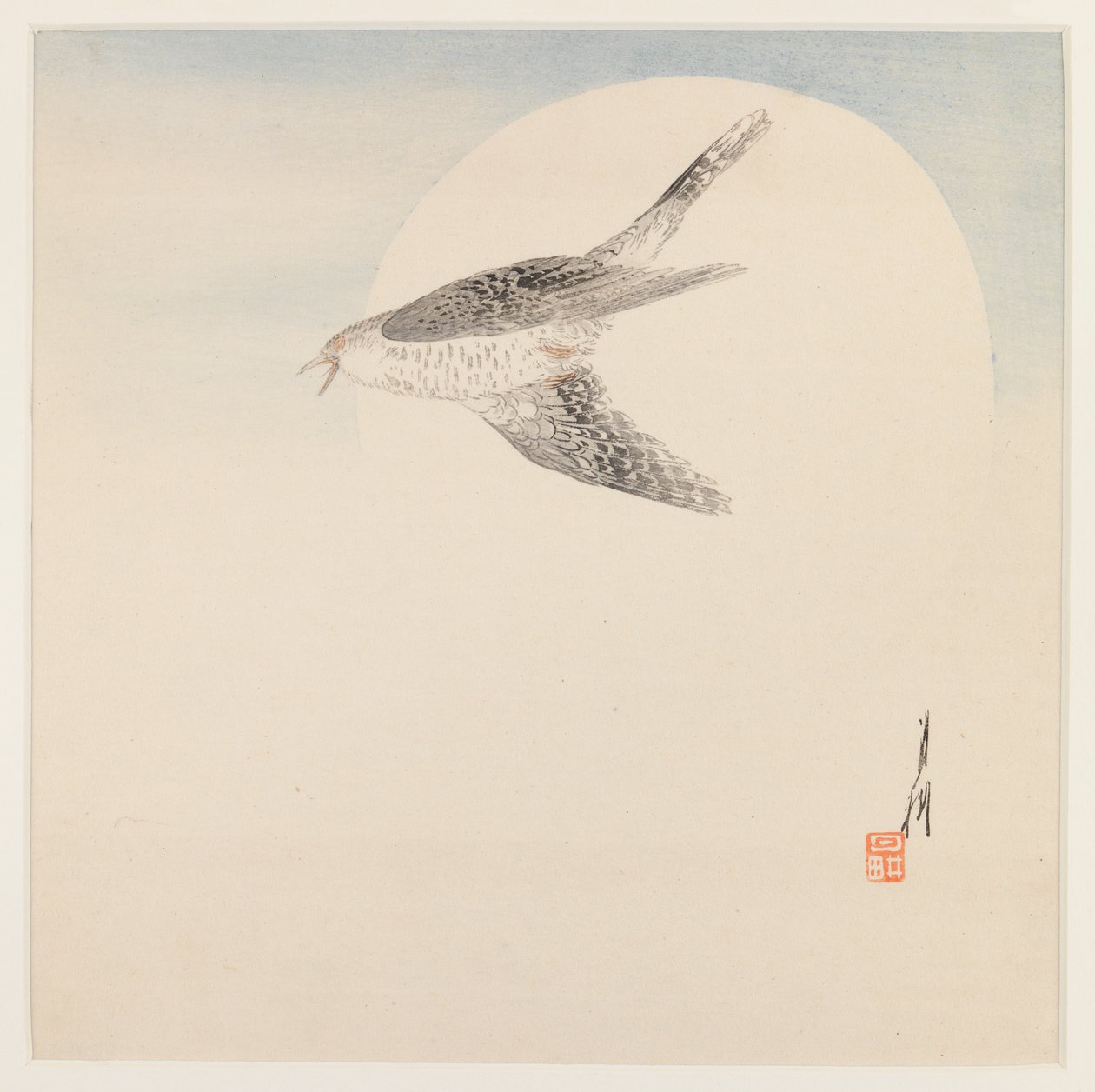 Nightingale Flying by Moon, ca 1890-1910 (träblock i färg) av Ogata Gekko