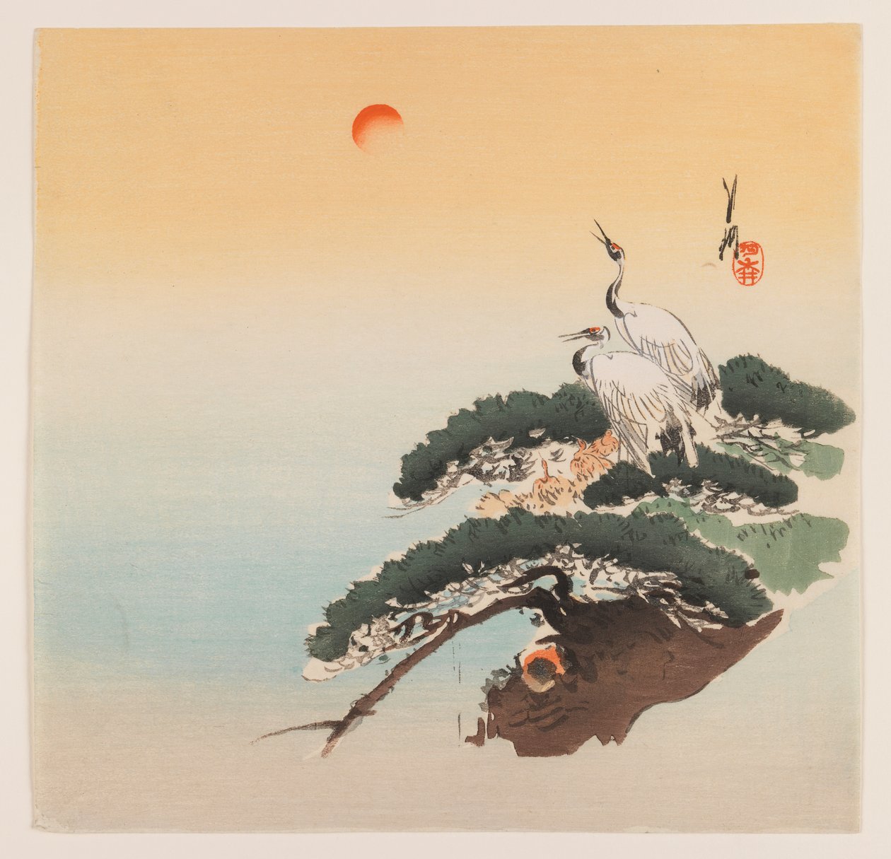 Pair of Cranes on a Branch, ca 1890-1910 (träblocksfärgtryck) av Ogata Gekko