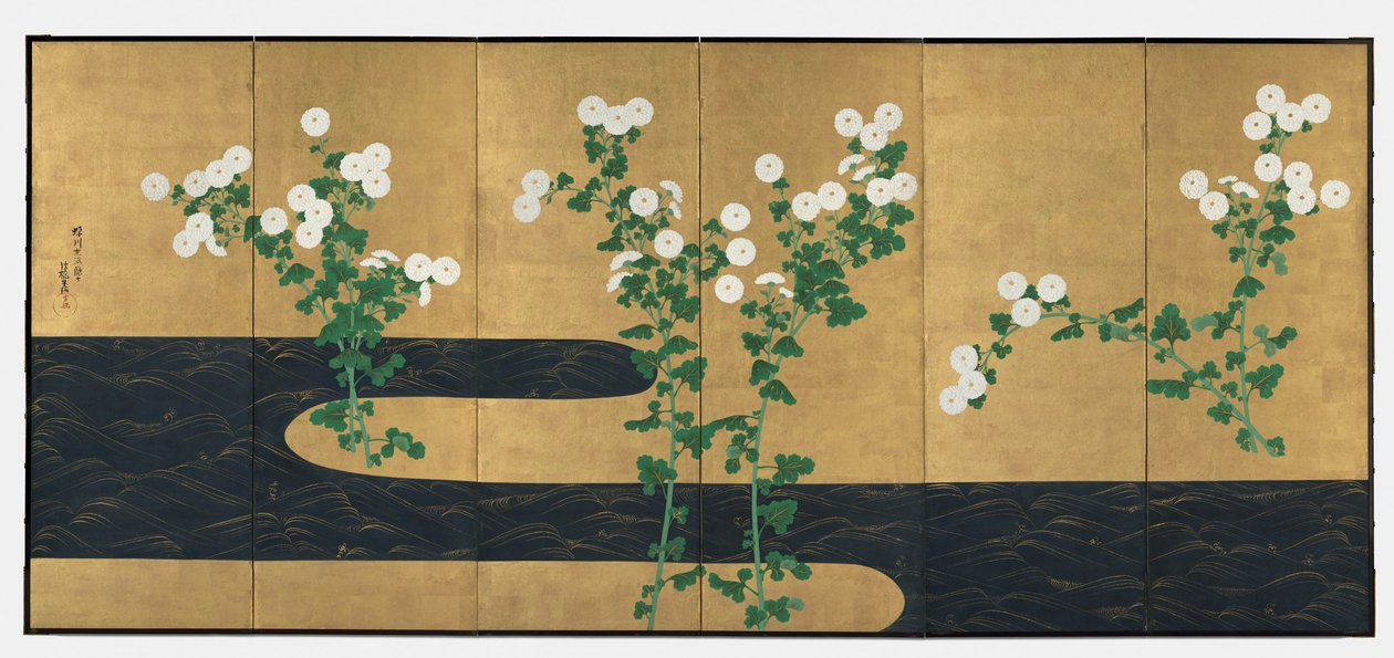 Chrysanthemums by a Stream, ett par vikskärmar med sex paneler, sent 1700-tal-tidigt 1800-tal (bläck och färg på förgyllt papper) av Ogata (follower of) Korin