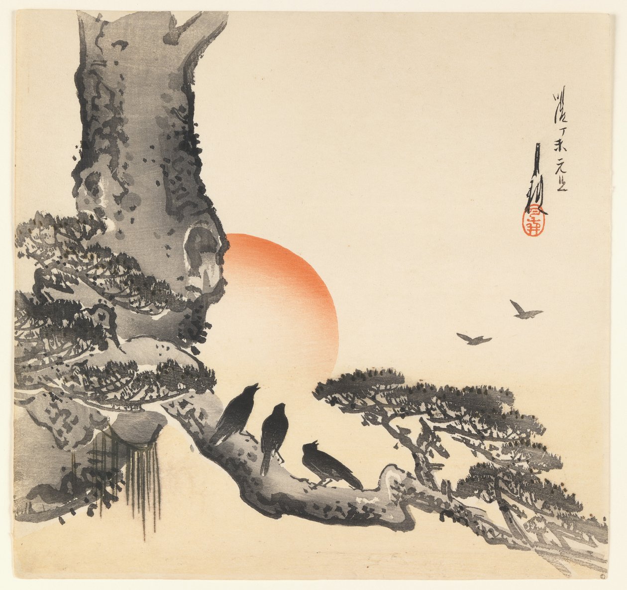 Kråkor på en trädstam, Meiji-period, ca 1890-1910 (trätryck i färg) av Ogata Gekko