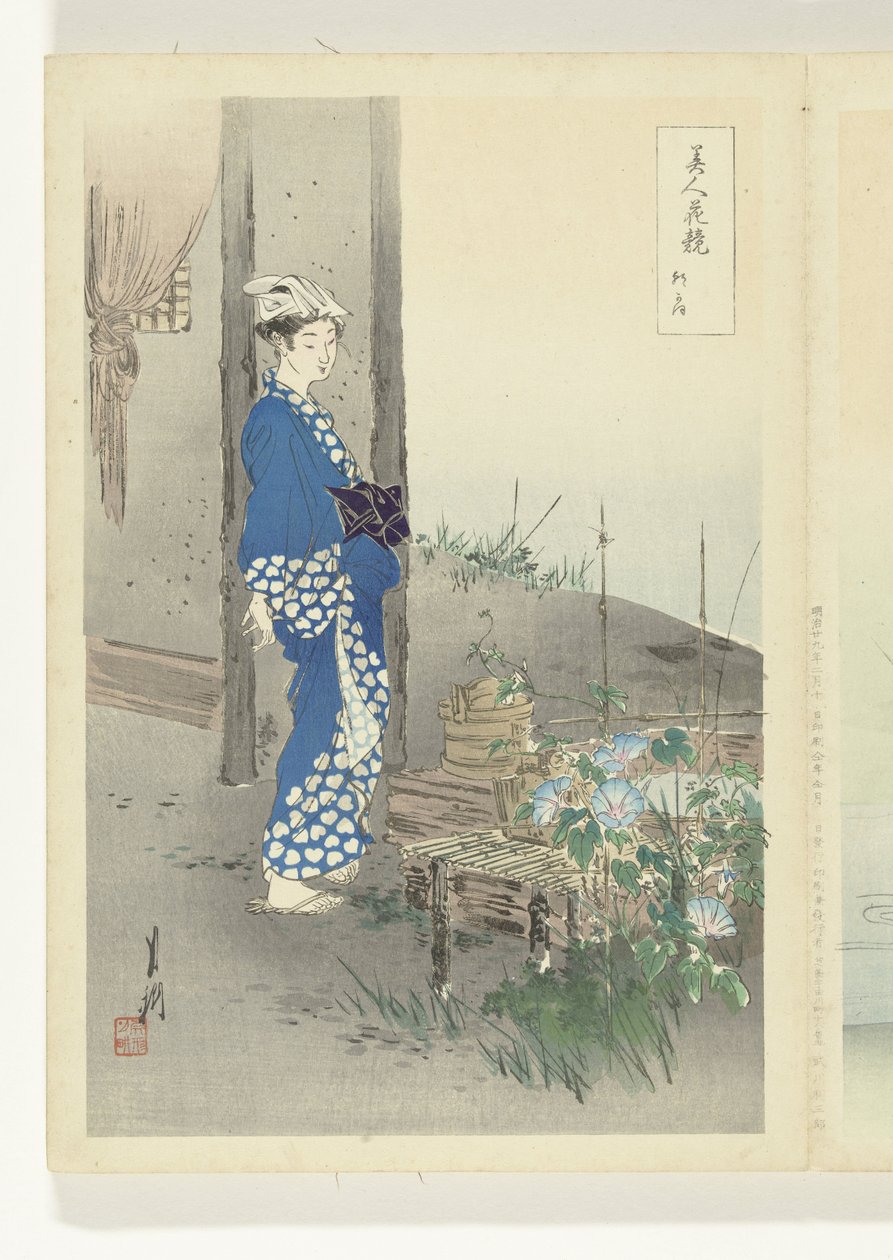 Poeten Kaga no Chiyo (titel på objekt) Jämförelser mellan skönheter och blommor (serietitel) Bijin hana kurabe (serietitel på objekt) av Ogata Gekko