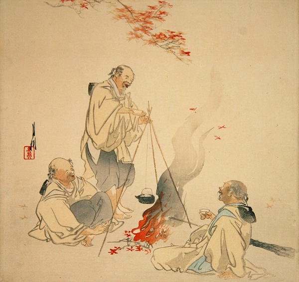 Drinking Sake under a Maple Tree, c.1890-1900-tal (träblock i färg) av Ogata Gekko