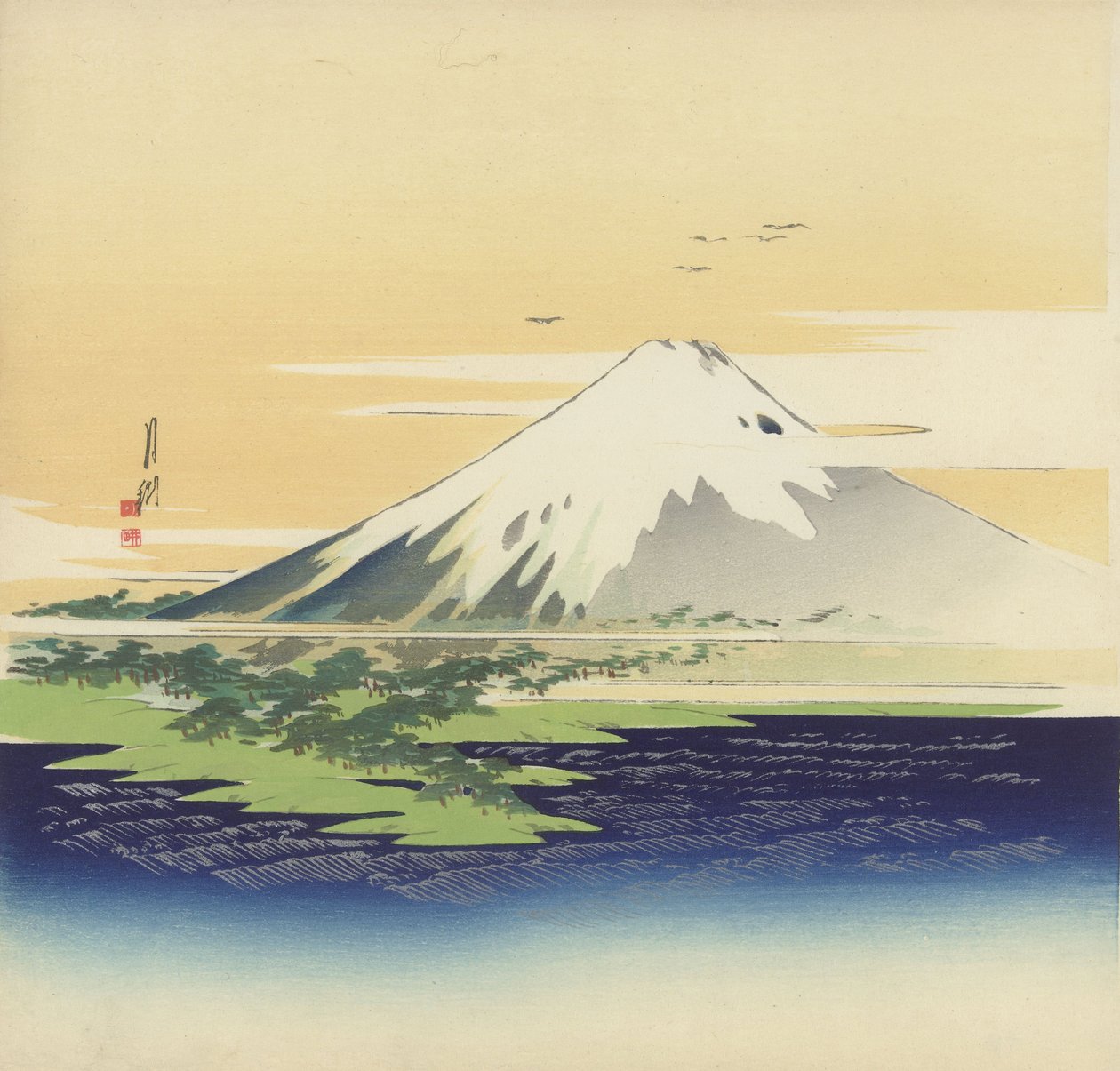 Fuji från stranden vid Mio, 1900-10 (träblockstryck) av Ogata Gekko