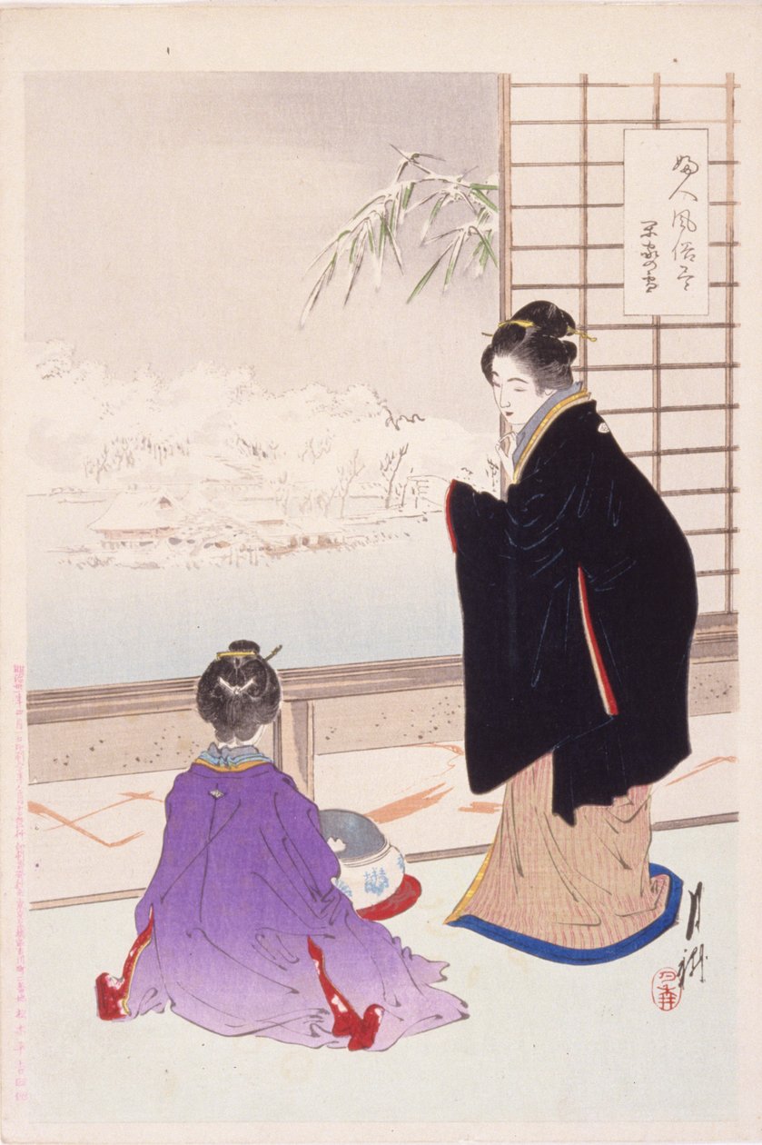 Snow And A Quiet House (Kanka No Yuki) (träblock i färg) av Ogata Gekko