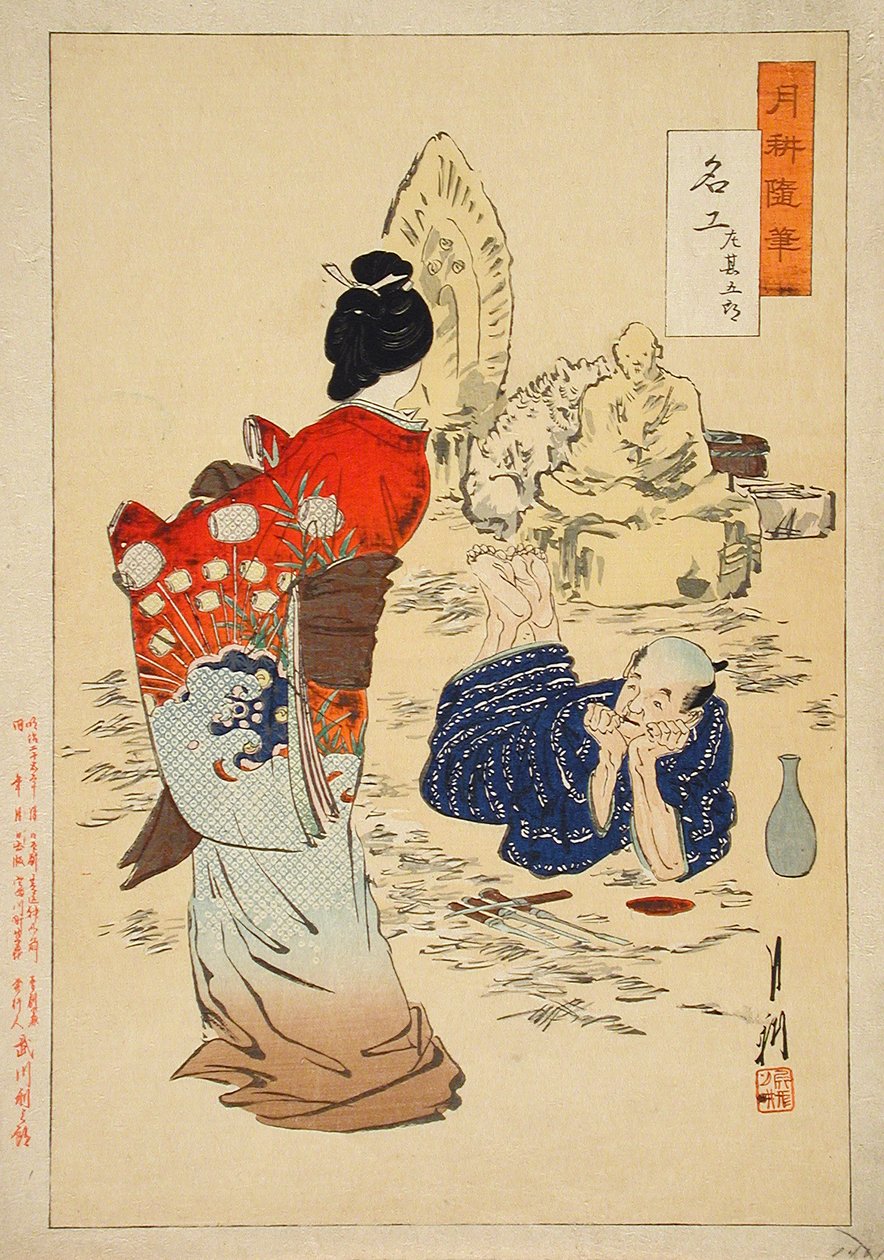 Bildhuggaren Hidari Jingorō ser sitt verk växa fram av Ogata Gekko