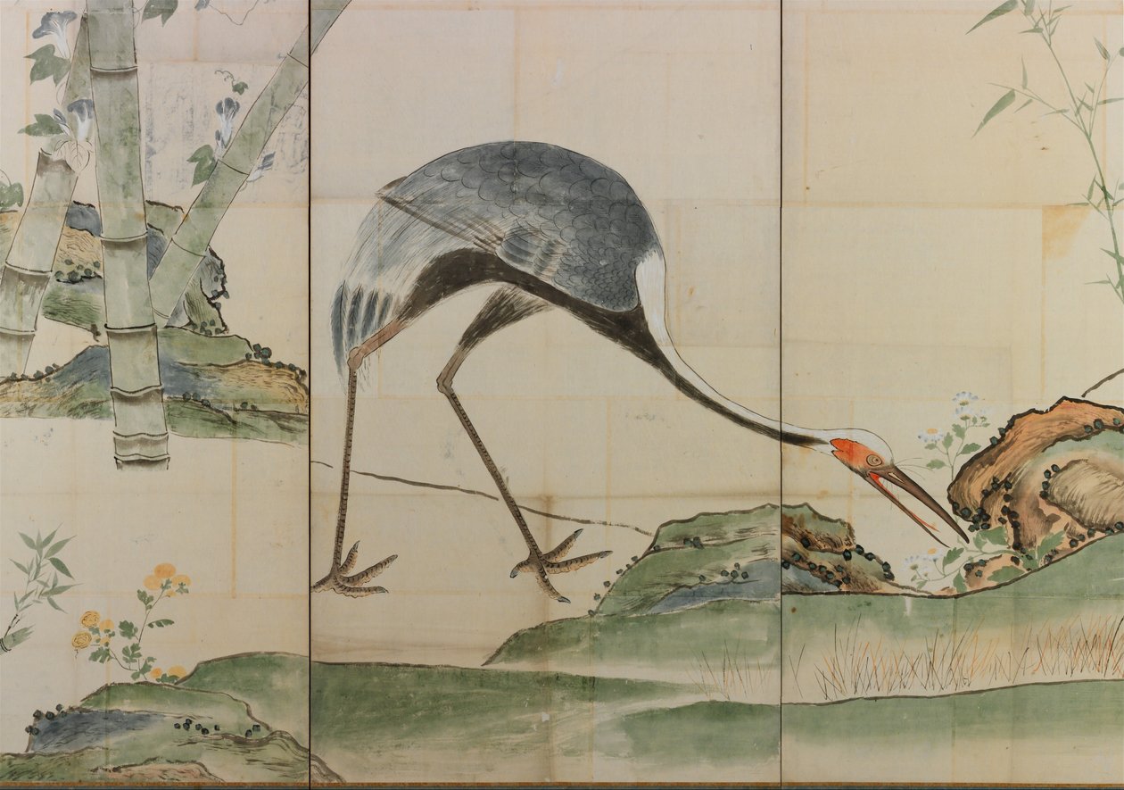Cranes, Pines, and Bamboo, 1600-talet, ett par vikbara skärmar (bläck och ljus färg på papper) av Ogata Korin