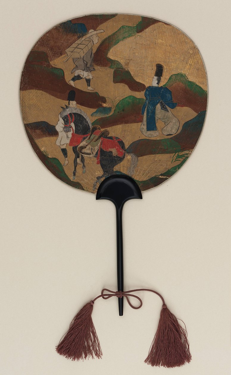Fläkt; på ena sidan Narihira och pilgrimen; å andra sidan, krysantemum och en bäck, Edo-period, sent 1600- och tidigt 1700-tal (bläck, färg & guld på papper) av Ogata Korin