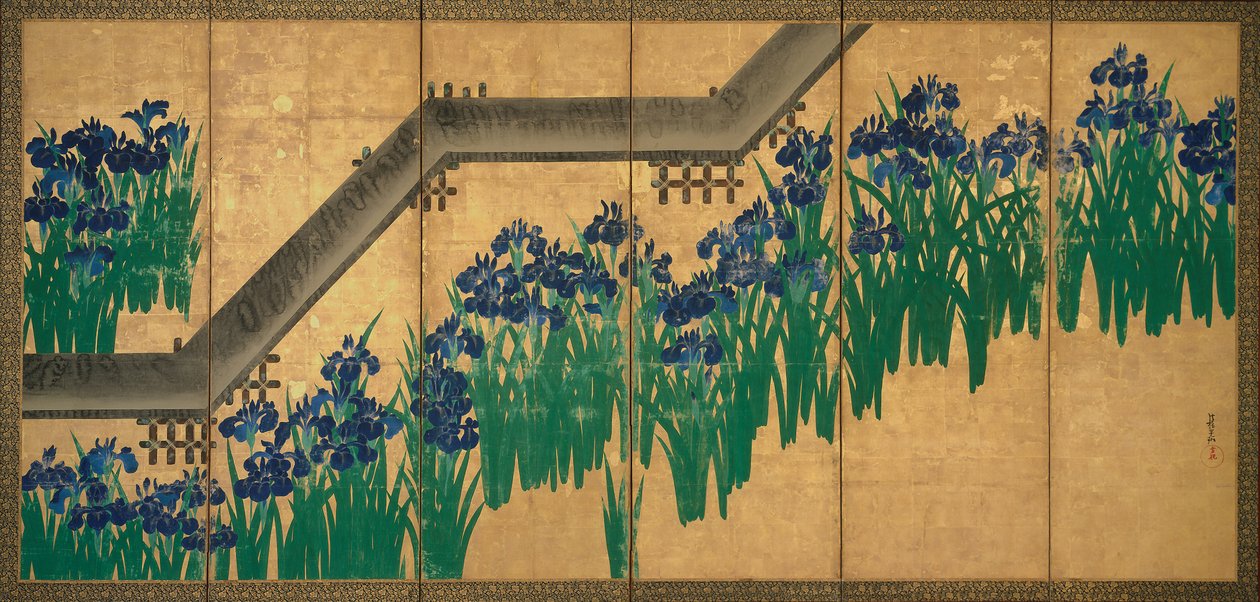Iris vid Yatsuhashi (åtta broar), c.1709 (bläck och färg på bladguld på papper) av Ogata Korin