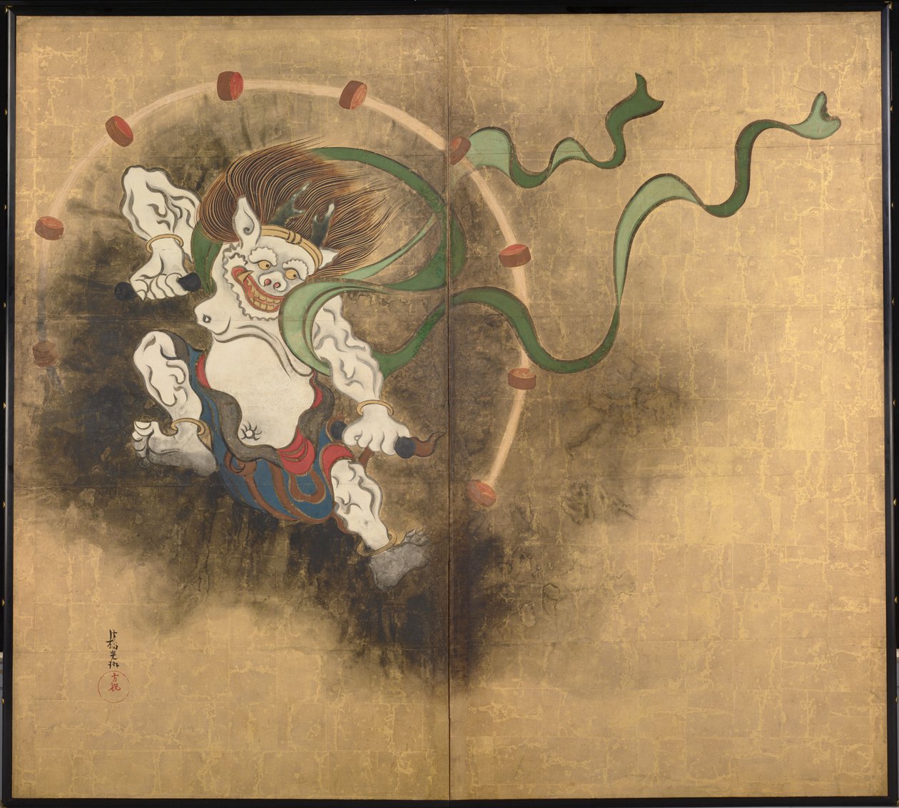 Le dieu de la tempete (Åskguden) Vänster del av en tvåpanelsskärm - Verk av Ogata Korin (1658-1716), akvarell och bläck på papper, tidigt 1700-tal, japansk konst, österländsk mytologi - Tokyos nationalmuseum, Japan av Ogata Korin