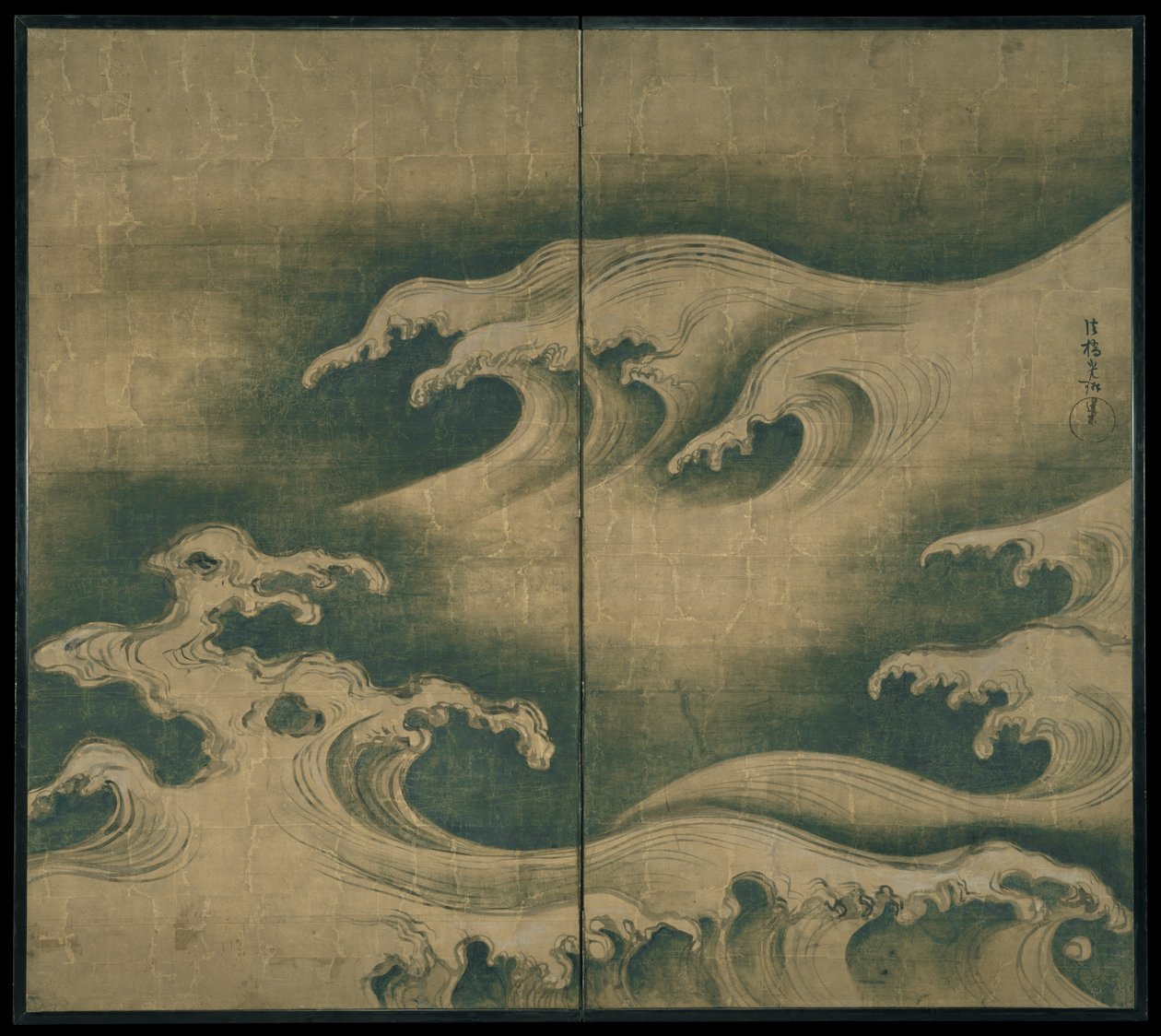 Rough Waves, tvåpanels vikskärm, c.1704-9 (bläck, färg och bladguld på papper) av Ogata Korin
