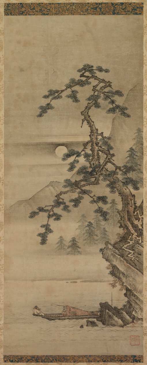 Månbelyst landskap av tall med gammal man i båt, Muromachi-perioden, 1392-1573. av Oguri Sotan