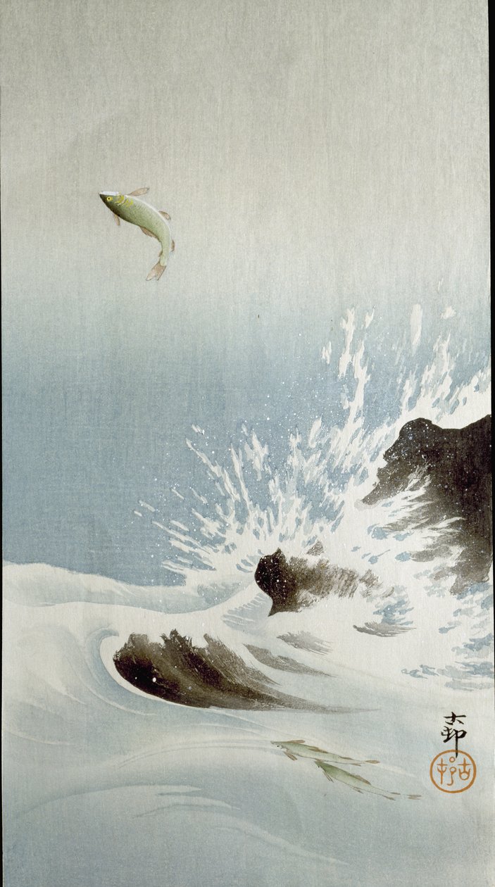En fisk som hoppar upp ur vattnet, 1907 av Ohara Koson