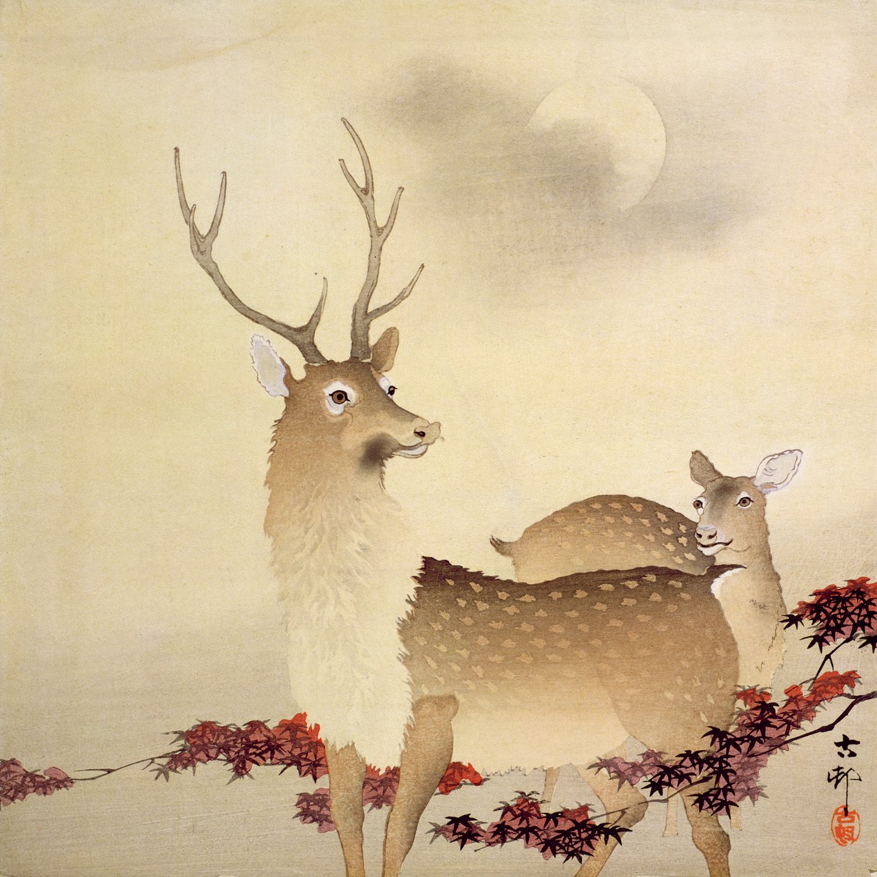 En hjort och dess ungar under månen, ca 1930 (träblock i färg) av Ohara Koson