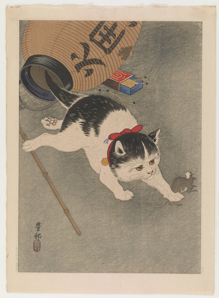 Katt och mus, ca 1930 (träblock i färg) av Ohara Koson