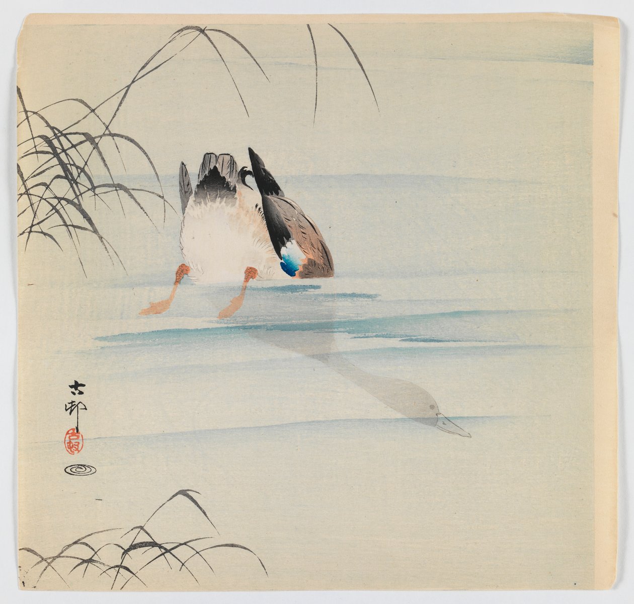Diving gräsand, ca 1910 (träblock i färg) av Ohara Koson