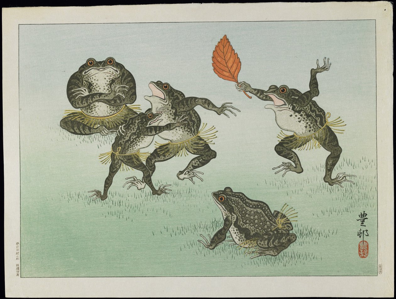 Frogs Wrestling, 1930-tal (trätryck i färg) av Ohara Koson