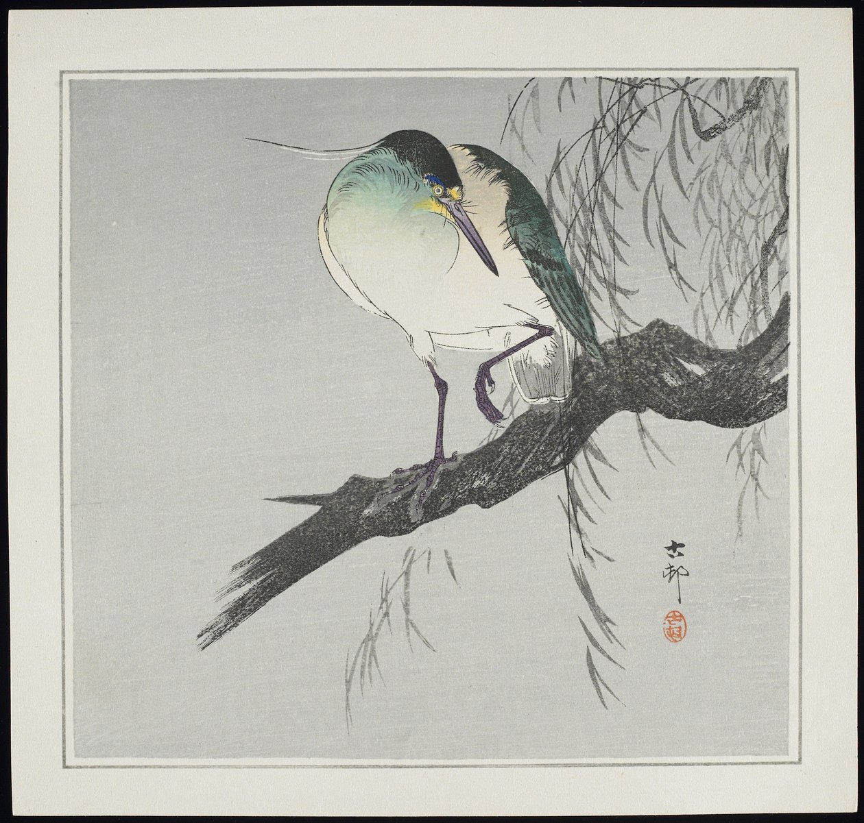 Heron on Branch, före 1912 av Ohara Koson