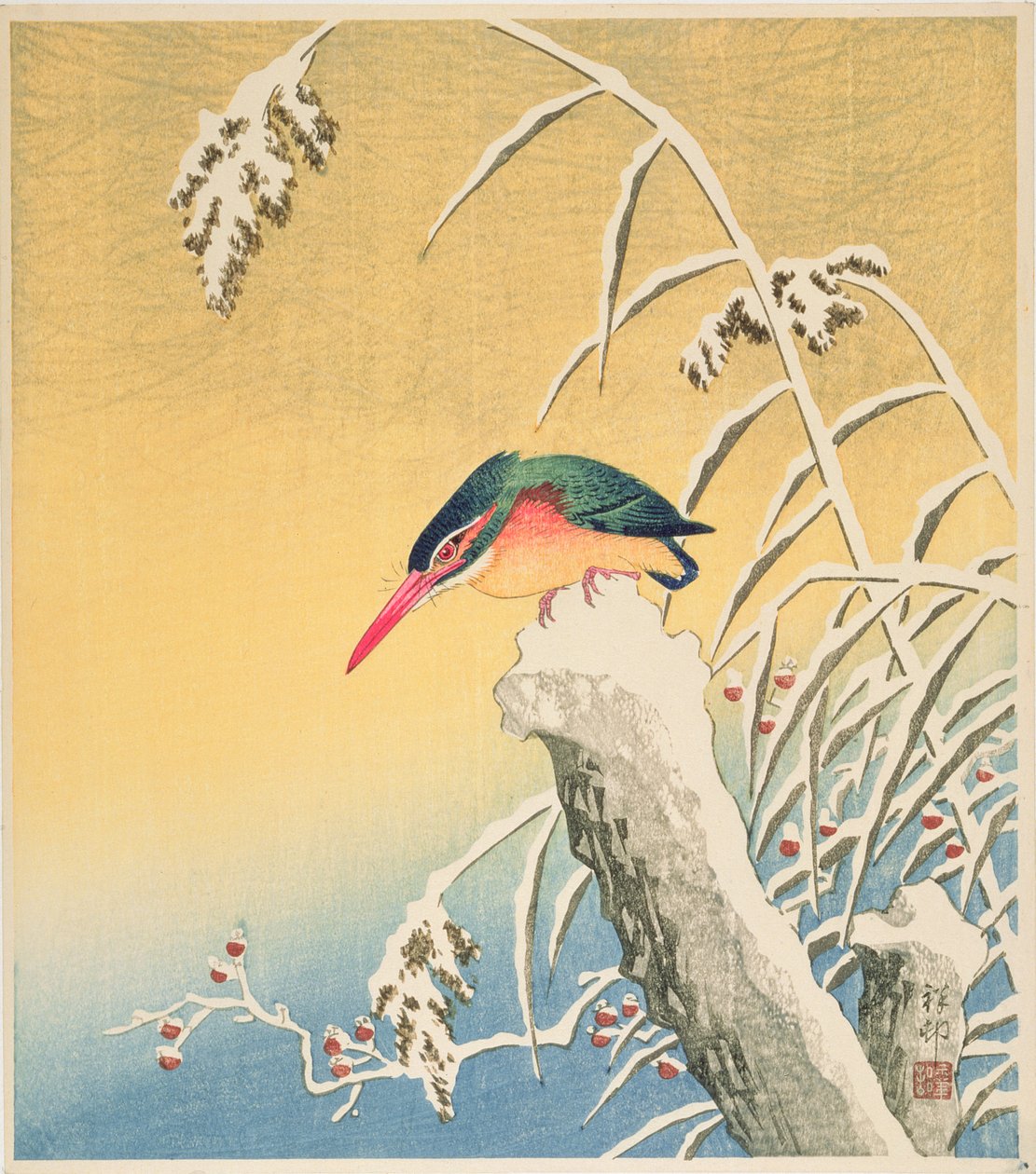 Kungsfiskare i snön, 1935 (färgtryck) av Ohara Koson