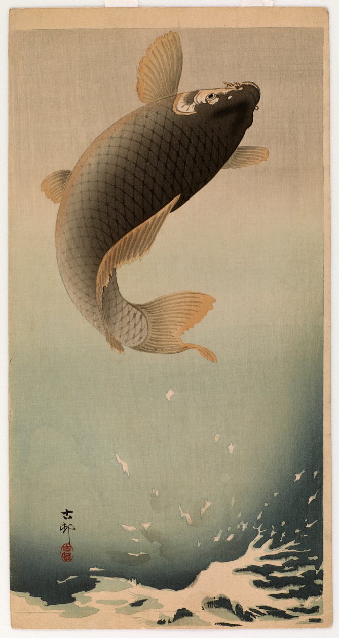 Hoppande karp (träsnitt i färg) av Ohara Koson