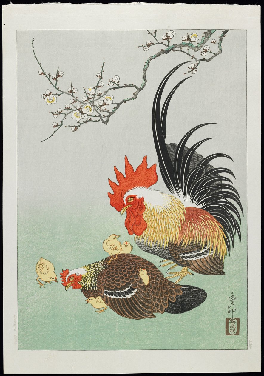 Tupp och höna med kycklingar, 1930-tal av Ohara Koson